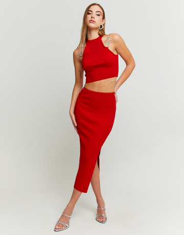 Red Knitted Skirt with Strass Bow Pin | TALLY WEiJL
