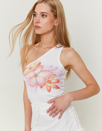 One Shoulder White Floral Top | TALLY WEiJL