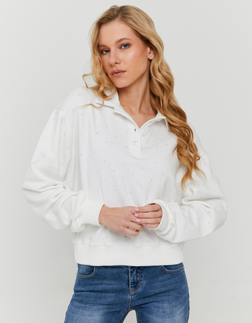 Weisses Sweatshirt mit Streifen und Strass | TALLY WEiJL