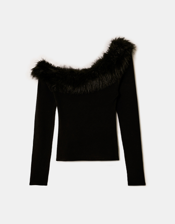 Assymetrisches schwarzes Top mit Kunstfell | TALLY WEiJL