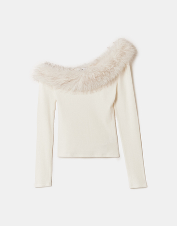 Top Bianco Asimmetrico con Pelliccia Sintetica | TALLY WEiJL