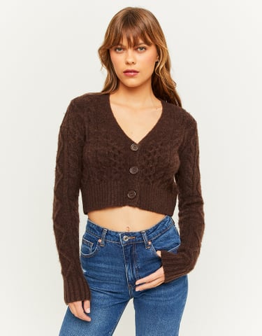 TALLY WEiJL, Brown Cable Knit Cropped Cardigan for Women