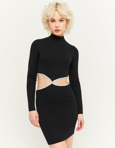TALLY WEiJL, Black Knit Mini Dress with Strass Cut Out for Women