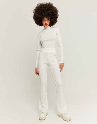 TALLY WEiJL, White Cozy Ribbed Flare Trousers for Women