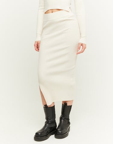 TALLY WEiJL, Beige Ribbed Midi Skirt with Slit for Women