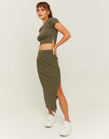 TALLY WEiJL, Khaki Fitted Knitted Midi Skirt with Slit for Women