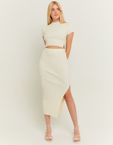 TALLY WEiJL, Beige Fitted Knitted Midi Skirt with Slit for Women