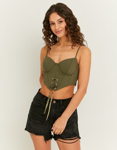 TALLY WEiJL, Grünes Bustier Top mit Lace Up in Satin for Women