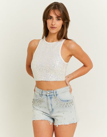 TALLY WEiJL, White Sequined Party Crop Top for Women