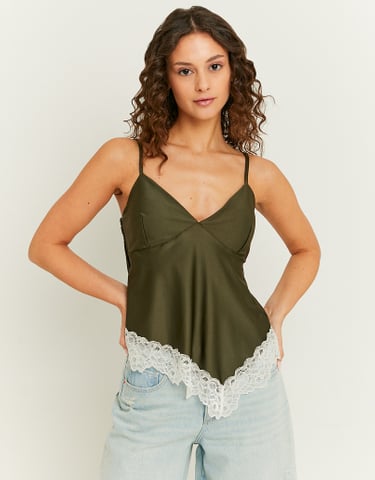 TALLY WEiJL, Green Satin Top with Lace Insert for Women