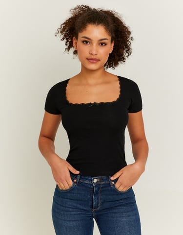 TALLY WEiJL, T-shirt basique noir a encolure en dentelle for Women