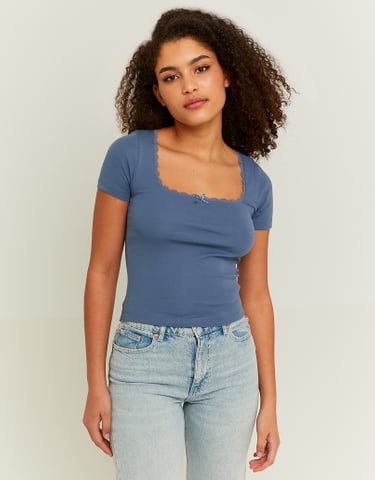 TALLY WEiJL, Blaues Basic T-Shirt mit Spitzenausschnitt for Women