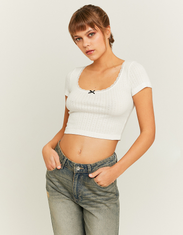 TALLY WEiJL, White Basic Pointelle T-shirt with Romantic Detail for Women