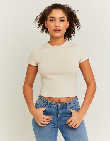 TALLY WEiJL, Beżowy prążkowany T-shirt basic for Women