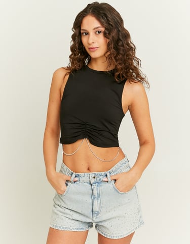 TALLY WEiJL, Black Crop Top with Strass Chain for Women
