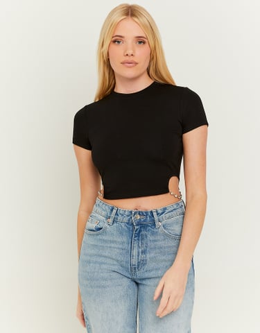 TALLY WEiJL, Black Cropped Top with Lateral Rhinestone Chain for Women