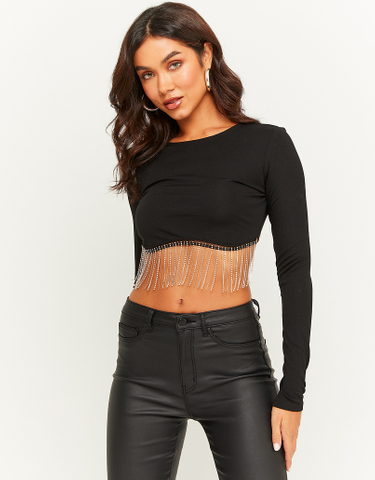 TALLY WEiJL, Black Long Sleeves Top With Strass for Women