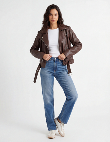 Brown Faux Leather Biker Jacket | TALLY WEiJL