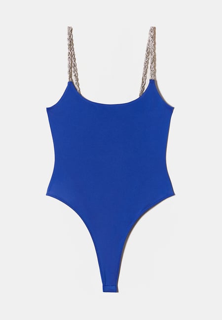 TALLY WEiJL, Blue Bodysuit with Strass Chain Sleeves for Women