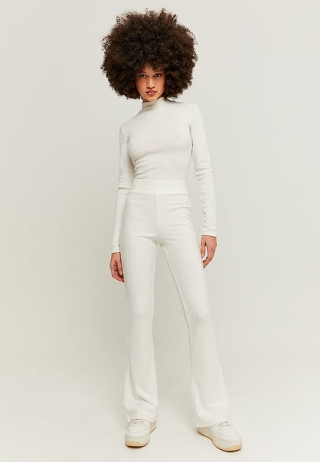 TALLY WEiJL, White Cozy Ribbed Flare Trousers for Women