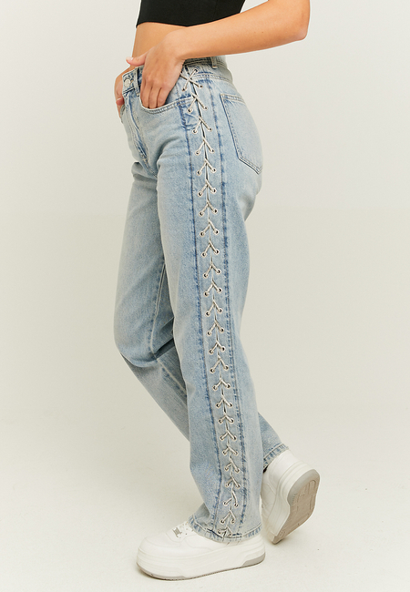TALLY WEiJL, Straight Leg Jeans with Lateral Strass Lace Up for Women