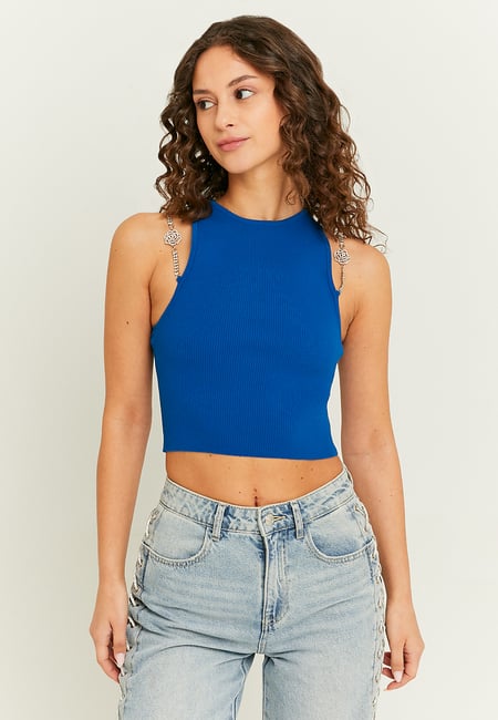 TALLY WEiJL, Blue Knitted Top with Strass Detail on Straps for Women