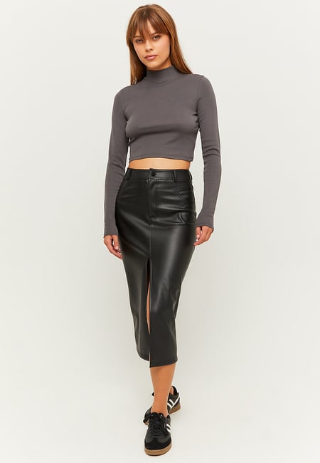 TALLY WEiJL, Black Faux Leather Midi Skirt for Women