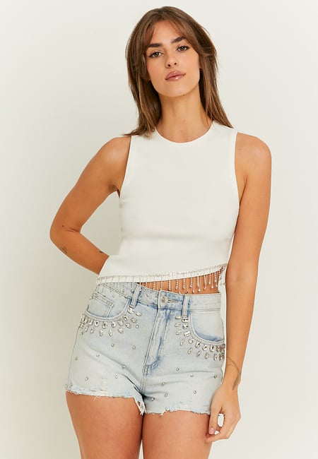 TALLY WEiJL, White Party Crop Top with Strass for Women