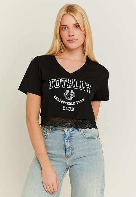 TALLY WEiJL, T-shirt Varsity noir avec détails en dentelle for Women