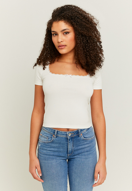 TALLY WEiJL, White Basic T-shirt with Lace Neckline Detail for Women