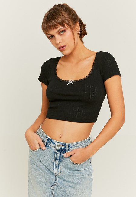 TALLY WEiJL, Black Basic Pointelle T-shirt with Romantic Detail for Women