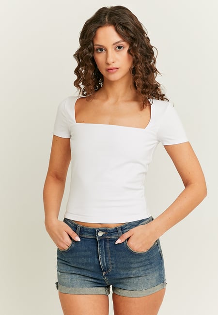 TALLY WEiJL, White Basic T-shirt with Squared Neckline for Women