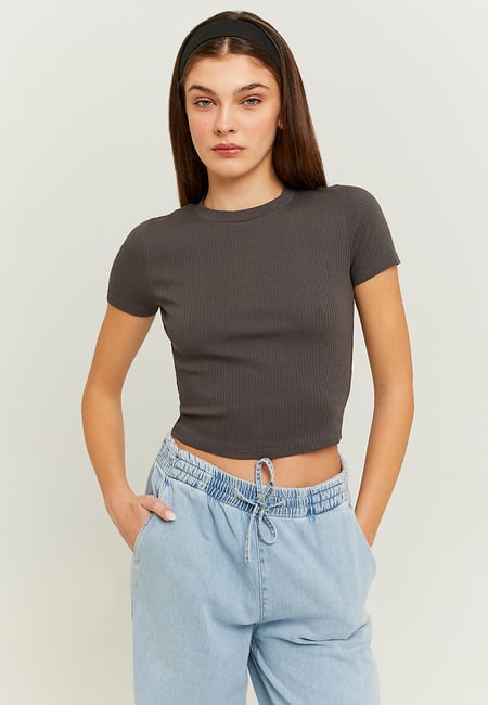 TALLY WEiJL, T-shirt Cropped Basic Γκρι for Women