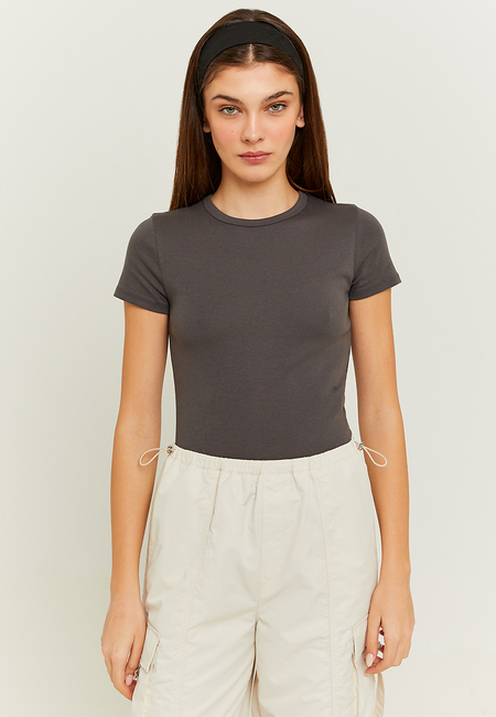 TALLY WEiJL, Grey Ribbed Basic T-shirt for Women