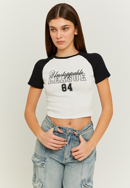 TALLY WEiJL, Weisses Cropped T-Shirt mit schwarzem Varsity Print for Women