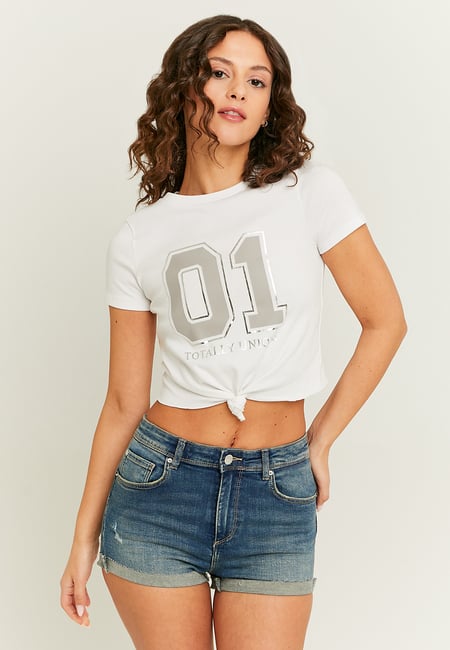TALLY WEiJL, White Printed T-shirt with Front Knot for Women