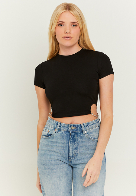 TALLY WEiJL, Black Cropped Top with Lateral Rhinestone Chain for Women