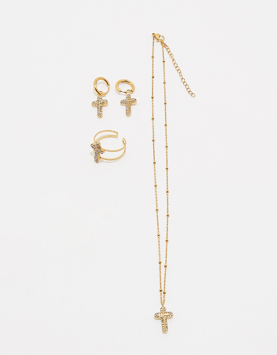 Set aus Kreuz-Ohrringen, Halskette & Ring (gold) | TALLY WEiJL