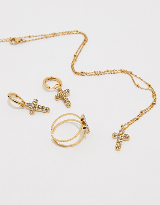 Set aus Kreuz-Ohrringen, Halskette & Ring (gold) | TALLY WEiJL