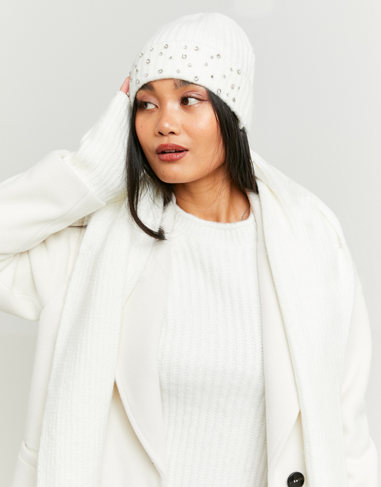 White Knitted Beanie with Strass | TALLY WEiJL