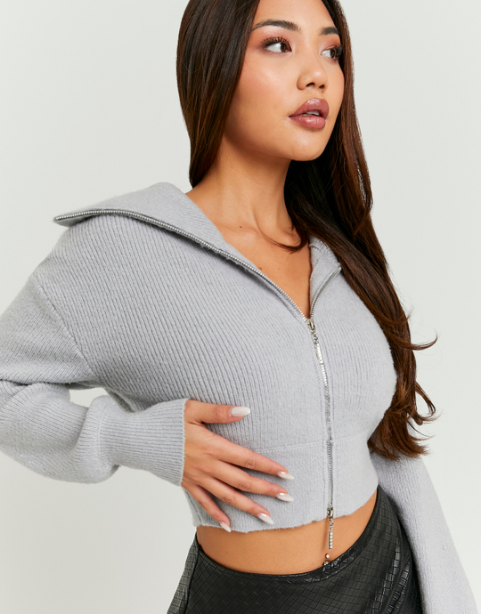 Grey Cropped Zip Up Cardigan | TALLY WEiJL