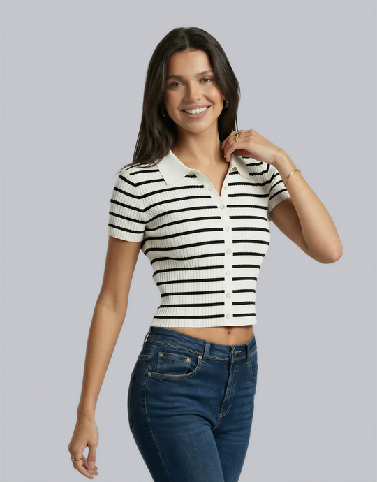 Striped Knitted Polo Neck Cardigan | TALLY WEiJL