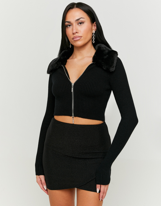 Pull Noir avec Col en Fausse Fourrure | TALLY WEiJL