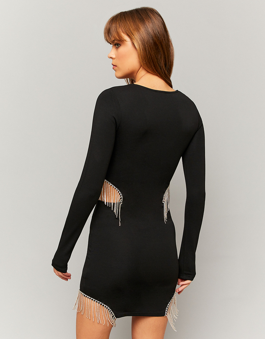 Schwarzes Fitted Minikleid mit Wasserfall-Strass | TALLY WEiJL