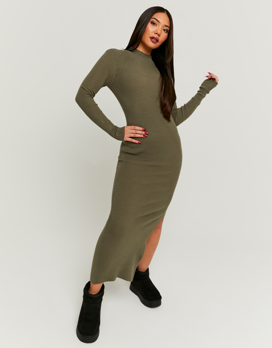Khaki Maxi Knitted Dress with Slit | TALLY WEiJL