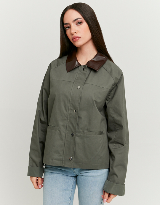 Khaki Utility Jacket with Faux Leather Collar | TALLY WEiJL