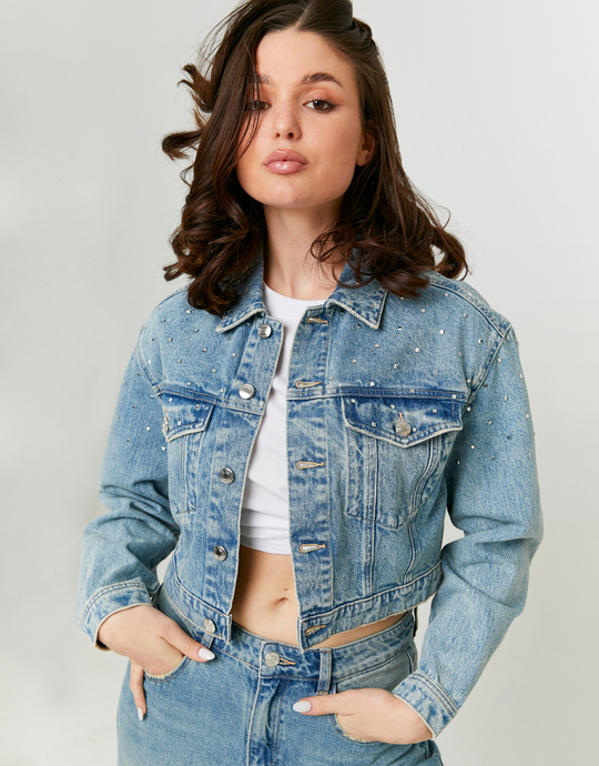 Blaue Cropped Jacke mit Strass Details | TALLY WEiJL