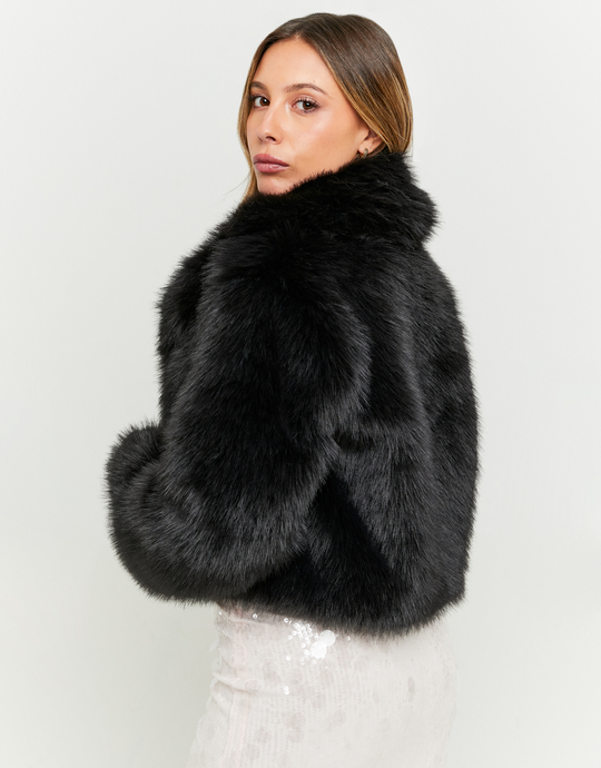 Black Cropped Fluffy Faux Fur Jacket | TALLY WEiJL