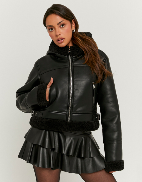 Black Faux Leather Jackt with Faux Fur | TALLY WEiJL