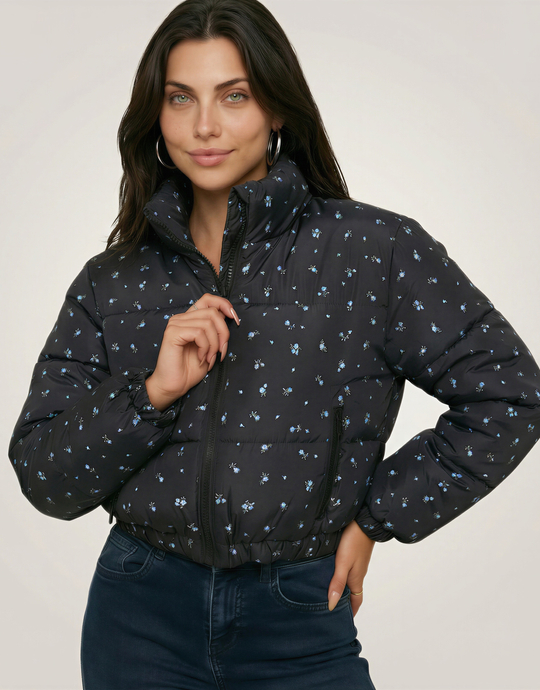 Black Padded Jacket with Micro Flower Pattern | TALLY WEiJL